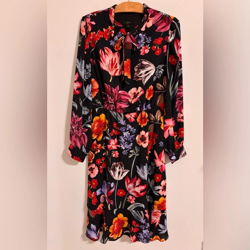 J.crew Tie-Neck Midnight Dutch Floral Fit & Flare Dress - Picture 3 of 12